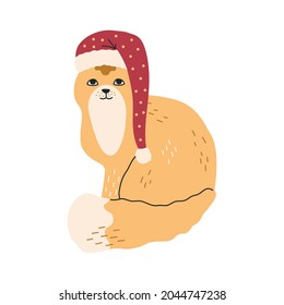 Christmas Cute yellow cat, happy fluffy kitten in festive red hat. Hand drawn vector illustration in flat cartoon style, template for New Year t-shirt, banners or cards, isolated on white background