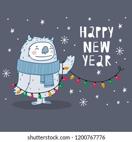 Christmas cute yeti character. Winter Cartoon Yeti Vector Print