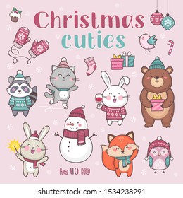 Christmas cuties illustration. Set of cute cartoon characters for Christmas and New Year celebration