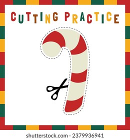 Christmas cutting practice for kids. Education page worksheet. Winter activity page