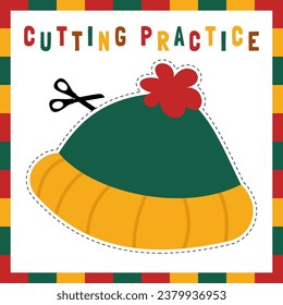 Christmas cutting practice for kids. Education page worksheet. Winter activity page