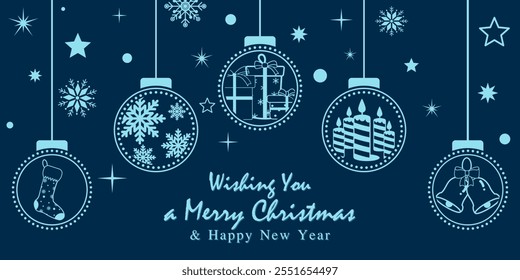 Christmas cyan ball icon on a dark blue background. Christmas card with celebration decoration. Variety ornament inside ball. Christmas balls dot border style. Wishing you a Merry Christmas and Happy 