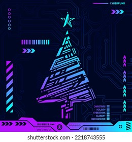 Christmas cyber element shape in cyberpunk background. Abstract vector illustration.