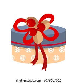 Christmas cylindrical gift with a bow and a sprig of mistletoe. Vector clipart.