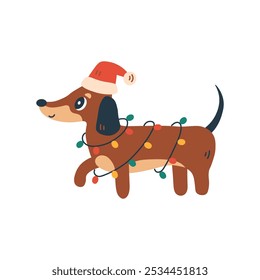 Christmas Dachshund Dog with Garland and Santa Hat. Cute cartoon puppy with Xmas decoration. Holiday and celebration pet design. Flat style. Vector illustration