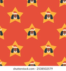 Christmas Dachshund Dog and Star Seamless Pattern. Xmas Holiday Background with cute puppy head in Santa hat. Repeat vector illustration in flat style