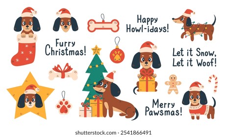 Christmas Dachshund Dog Vector Set. Cute Puppy Holiday activity stickers collection. Pet illustration with traditional festive symbols accessories and phrases. Animal Xmas badges