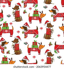 Christmas dachshund pattern. Bright seamless new year pattern. For textiles, baby clothes and prints
