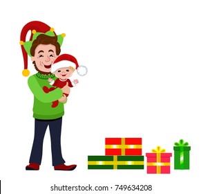 Christmas dad elf with baby and gifts. Vector illustration isolated on white background.