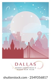 Christmas Dallas retro poster for winter  festives, New Year in USA. Greetings, happy holidays and merry xmas from Texas, United States of America vector postcard layout