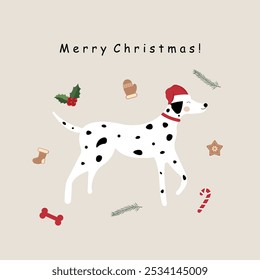 Christmas Dalmatian. Christmas card with Dalmatian. Vector graphics