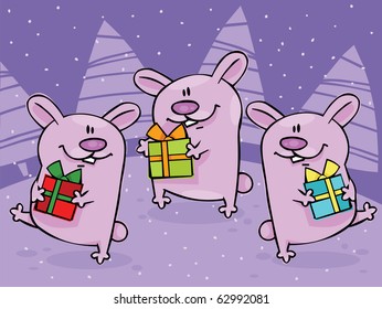 Christmas dancing rabbits with gifts