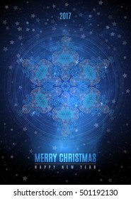 Christmas dark background with big vintage blue gold snowflake. Vector eps 10.