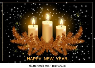 
Christmas dark background with burning candles and golden branches of a Christmas tree.