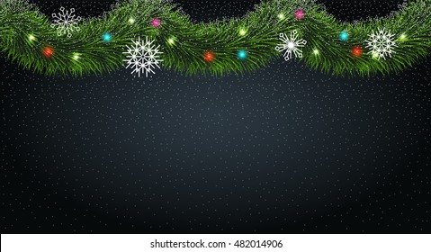 Christmas dark background with christmas decoration ( fir tree garlands, colored lights ), snowflakes and falling snow. Xmas frame. Vector holiday design for poster, flyer, greeting card, invitation.