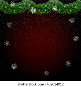 Christmas dark background with christmas decoration ( fir tree garlands, colored lights ), snowflakes and falling snow. Xmas frame. Vector holiday design for poster, flyer, greeting card, invitation.