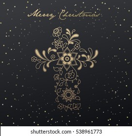 Christmas dark background with golden floral Christianity cross and stars.