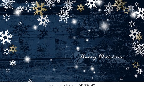 Christmas dark background with golden - white snowflakes and Merry Christmas text - golden version