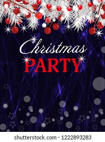 Christmas dark background party invitation with fir white branches and holly berry. Vector illustration.