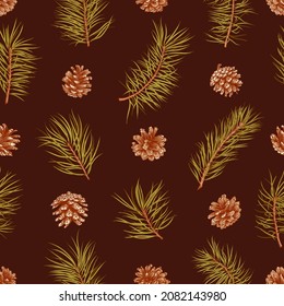 Christmas dark background with pine branches, cones. Vintage botanical seamless pattern with conifers. Engraving style. Traditional colors.
