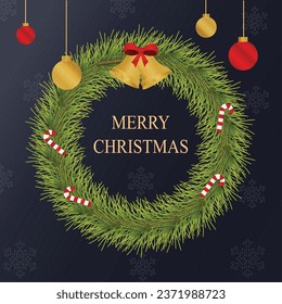 Christmas dark background with realistic decorative design elements. gift boxes, glowing garland decorations, green tree branches.