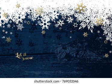 Christmas dark background with white and golden snowflakes.