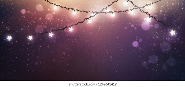 Christmas dark background with Xmas decorations glowing white garlands, light, stars. Christmas theme. Vector Illustration