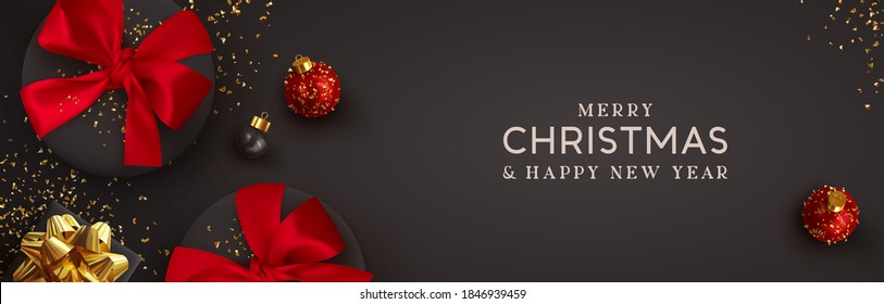 Christmas dark banner. Background Xmas design of realistic black gift box red bow, 3d render bauble ball and glitter gold confetti. Horizontal christmas poster, greeting card, headers for website