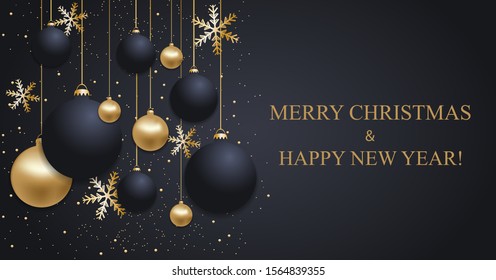 Christmas dark blue background with Christmas balls and golden snowflakes. Happy New Year decoration. Elegant Xmas banner or poster. Vector illustration.