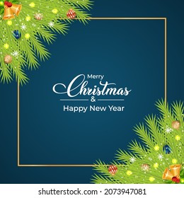 Christmas dark blue background design with luxurious red, blue, and golden decoration balls and pine tree leaves. Realistic background design with pine leaves. Christmas wreath design with calligraphy