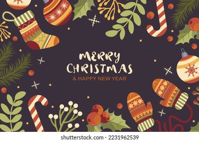 Christmas dark blue background with gloves and other New Year's attributes