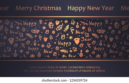 Christmas dark blue background with golden snowflakes, stars, branches, tree, santa, gifts and gold lettering Happy New Year. Wallpaper Merry Christmas holiday design, decor. Vector illustration.