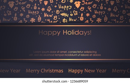 Christmas dark blue background with golden snowflakes, stars, branches, tree, santa, gifts and gold lettering Happy New Year. Wallpaper Merry Christmas holiday design, decor. Vector illustration.