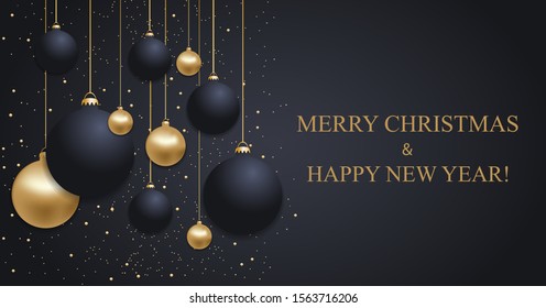 Christmas dark blue background with Christmas golden and blue balls. Happy New Year decoration. Elegant Xmas banner or poster. Vector illustration.