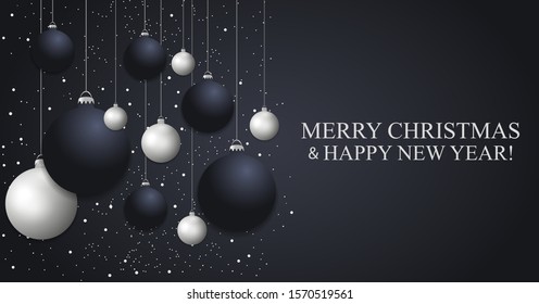 Christmas dark blue background with hanging Christmas balls. Happy New Year decoration. Elegant Xmas banner or poster. Copy Space. Vector illustration.