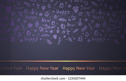 Christmas dark blue background with silver snowflakes, stars, branches, tree, santa, gifts and gold lettering Happy New Year. Wallpaper Christmas holiday design, decor. Vector illustration.