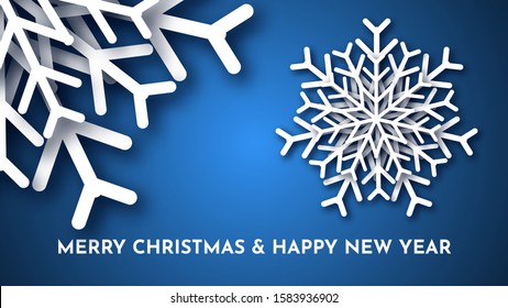 Christmas dark blue background with white paper glitter snowflakes. New year snowflakes holiday decoration. Vector illustration