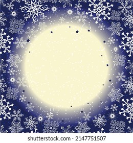 Marco azul oscuro de Navidad con copos de nieve, estrellas y luna (vector EPS 10)