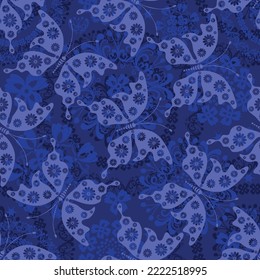 Christmas dark blue pattern with vintage snowflakes and butterflies. Seamless texture. Set. Vector eps 10