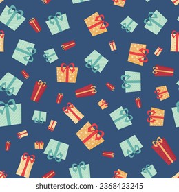 Christmas dark blue, Red, yellow and light blue Vector Seamless Pattern. Xmas Background. Many gifts with different size and color on dark blue background. Vector pattern in swatches.