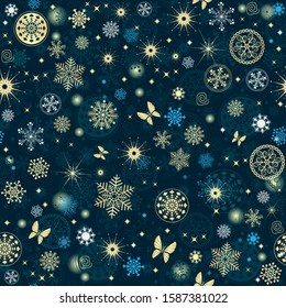 Christmas dark blue seamless pattern with golden doodle snowflakes and stars. Vector image. Eps 10