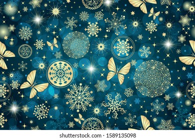 Christmas dark blue seamless pattern with bokeh, golden doodle snowflakes, buttrflies  and stars. Vector image. Eps 10