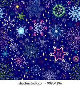 Christmas dark blue seamless pattern with colorful snowflakes and stars (vector)