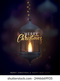 Christmas dark blue vintage lantern hang on ribbon garland blurry blur lights and golden bokeh. Festive New Year background. vector illustration