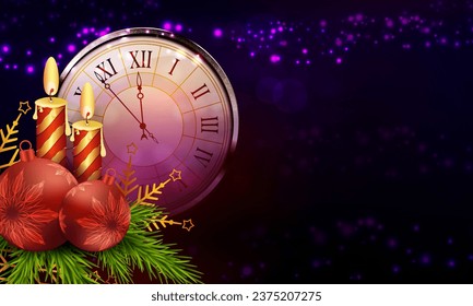 Christmas dark card with round clock and burning candles.