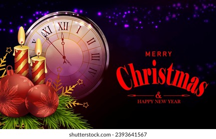 Christmas dark card with a round clock, burning candles, fir branches with festive balls.