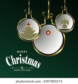 Composición verde oscuro de Navidad de bolas abstractas con un borde dorado y siluetas de un árbol de Navidad y un ángel