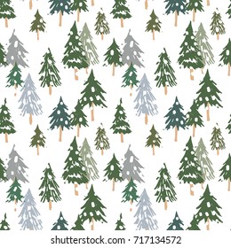 Christmas dark green fir forest on the white background with snow. Vector seamless pattern. Winter illustration. Top view.