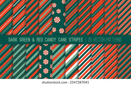 Christmas Dark Green, Sage Green, Red and White Candy Cane Stripes Seamless Vector Patterns.  Winter Holiday Background. Variable Thickness Diagonal Lines. Repeating Pattern Tile Swatches Included.