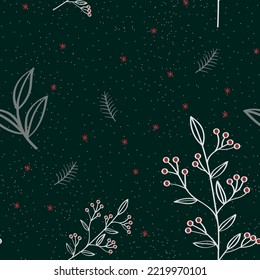 Vector verde oscuro de Navidad sin fisuras con ramas y bayas. Patrón perfecto para envolver papel y decoraciones con diseño floral y colores planos. Gran atmósfera de vacaciones.